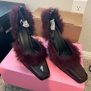 Dolls Kill Burgundy Patent Slingback Heels with Faux Fur Trim